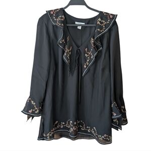 Vintage Dressbarn Embroidered Ruffle Bow Bell Sleeve Bohemian Shirt Size 23/24